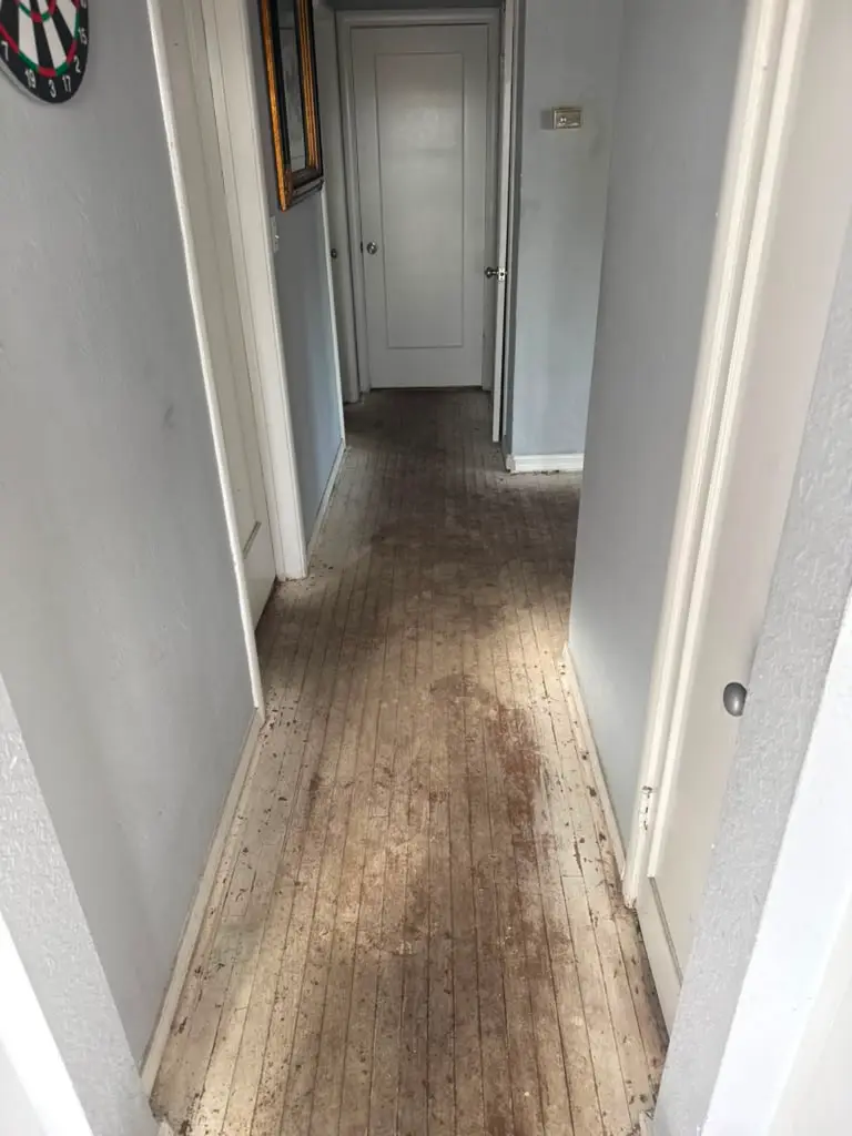 Worn oak hallway with dark traffic paths and old finish, photographed before sanding
